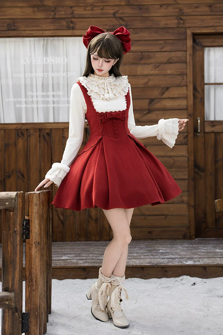 Classic Elegant Lolita Bandeau Dress with Embroidered Bow - Red