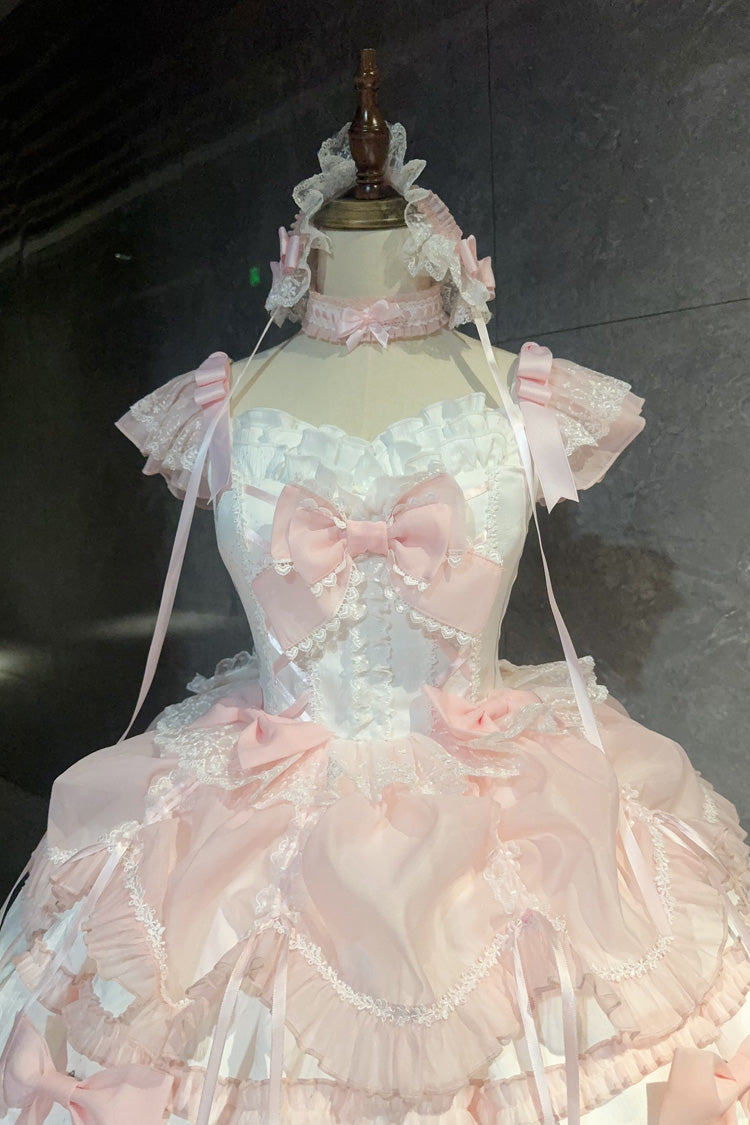 Pale Pink & White Sleeveless Triple-Layer Ruffled Bow Lace Ballet Sweet Lolita JSK