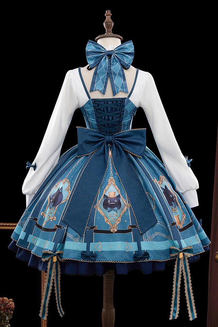 Long Sleeve Print Bowknot Lace Sweet Lolita Dress Set Lynette Cosplay Blue Green