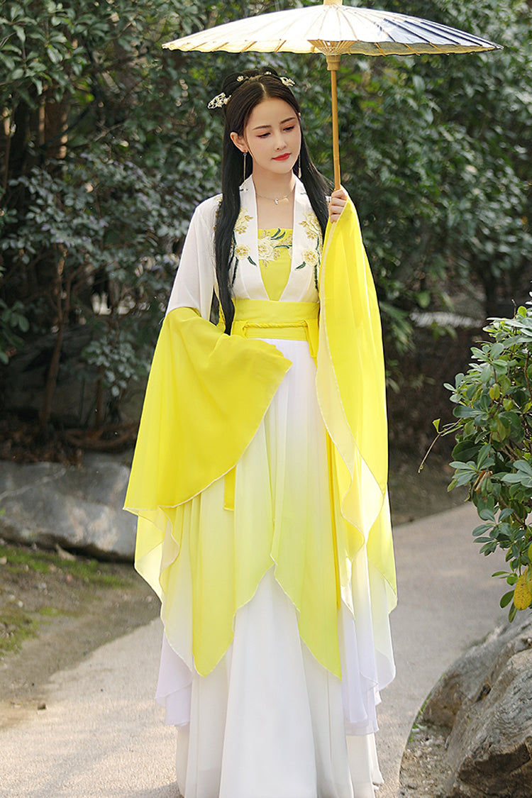 Ivory and Yellow Gradient Embroidery Asymmetric Sweet Hanfu Full Outfit