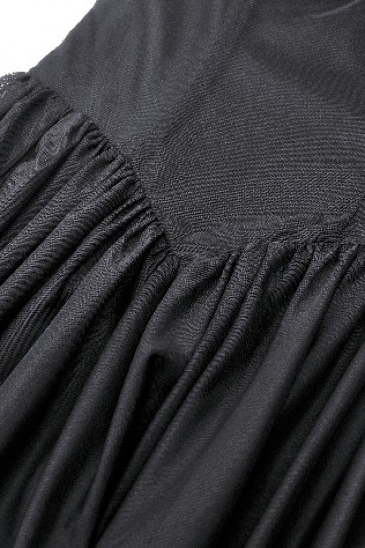Elegant Gothic Off-Shoulder Tulle Gown with Lace Trim and Flared Sleeves