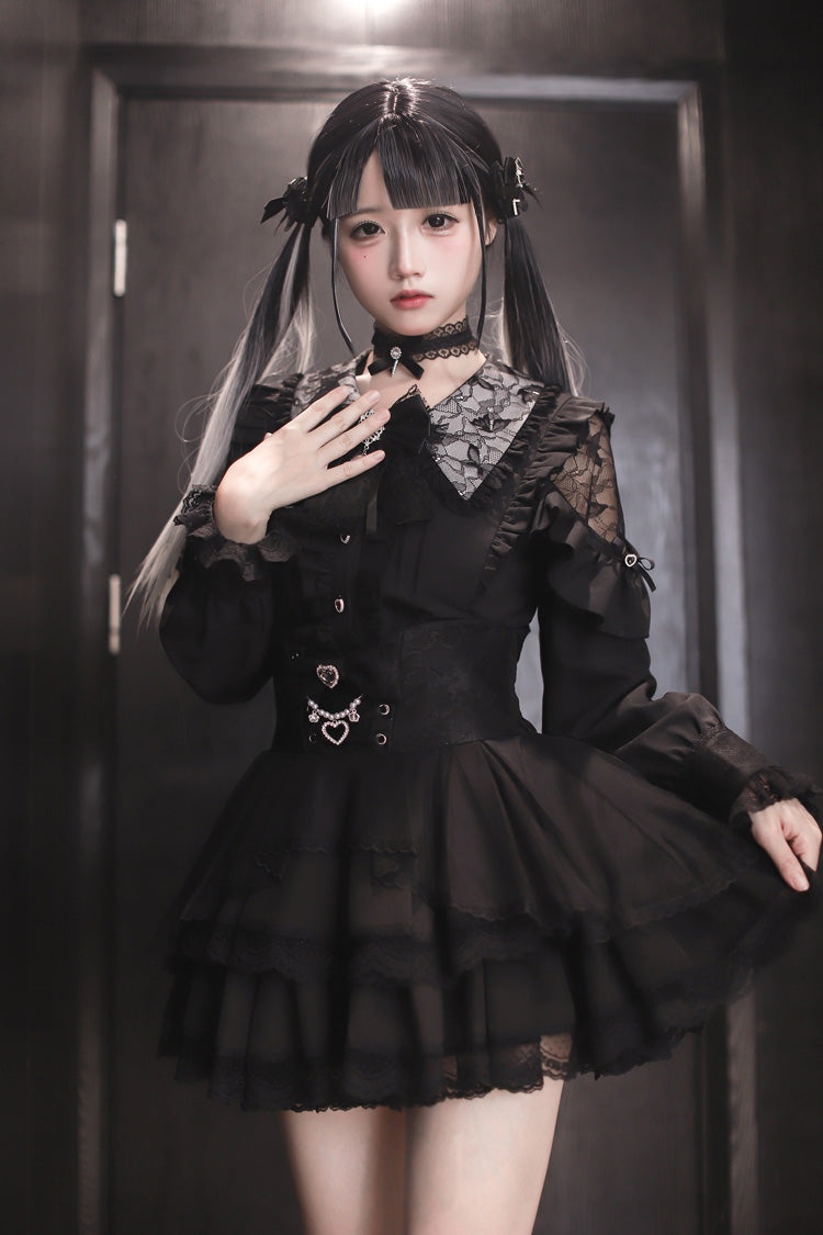 Midnight Lapel Long-Sleeve Layered Ruffled Skirt Set - Dreamy Love Ballad