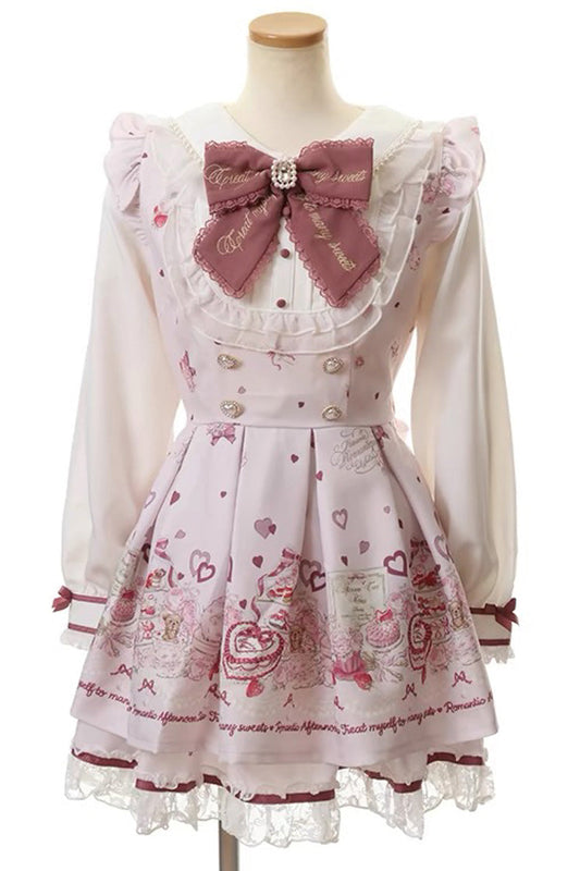 Afternoon Tea Print Ruffle Bowknot Lace Sweet Jirai Kei Plus Size Dress - 3 Colors