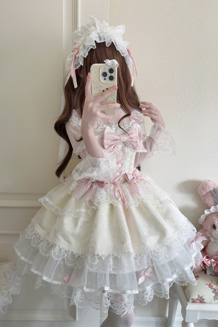 Apricot Sweet Ballet Lolita JSK Dress with Sleeveless Ruffles Bowknot Lace and Slim Fit