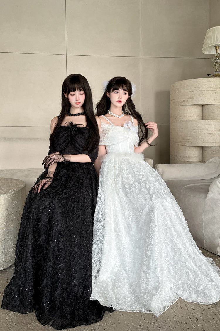 Ivory Moonlight Off-Shoulder Jacquard Embroidered Bow Gothic JSK