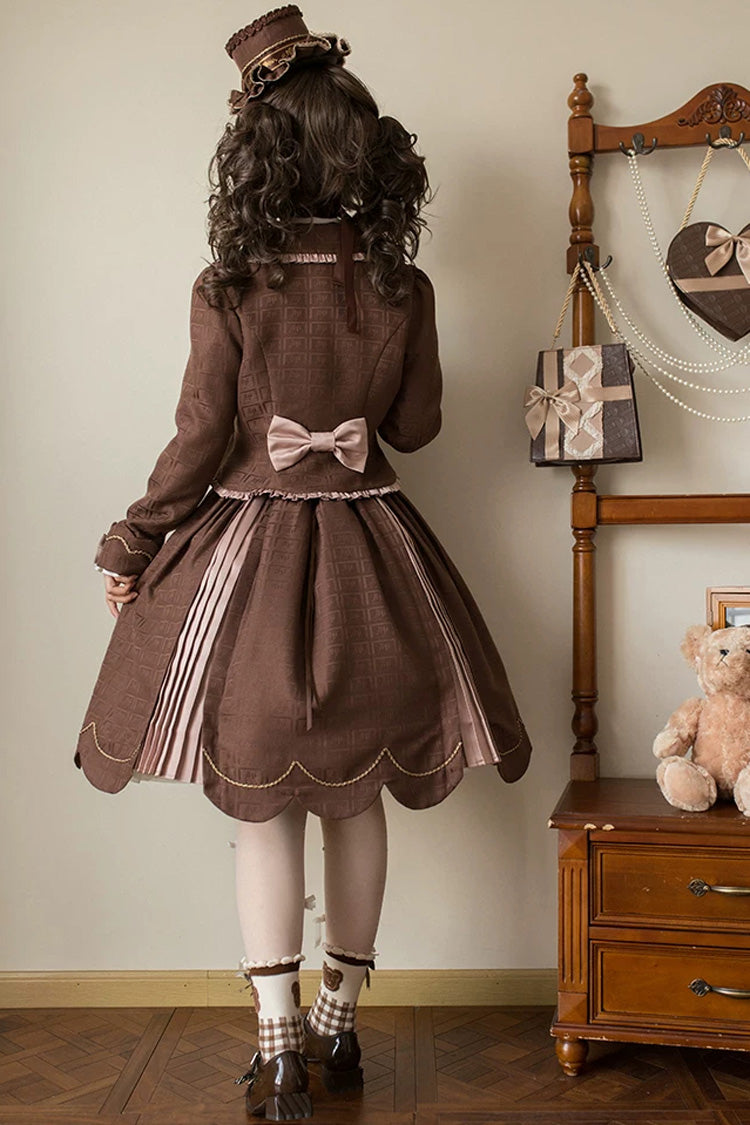 Brown Printed Embroidered Bow Lace-Up Classic JSK Dress & Skirt - Teddy Chocolate Bar