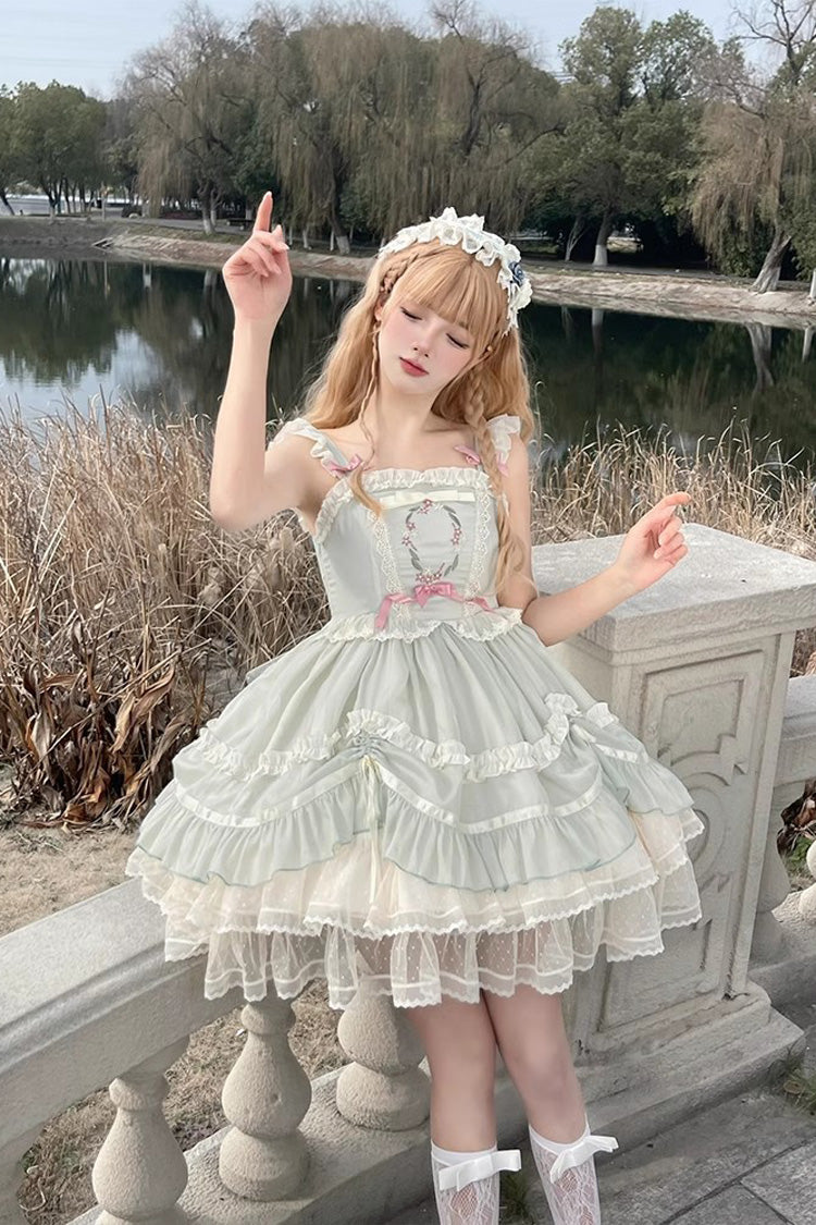 Emerald Light Dance Multi-Tier Ruffle Embroidery Lace Sweet Jumper