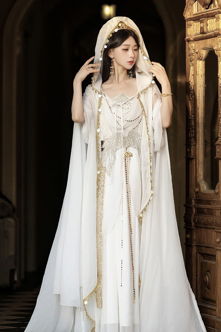 White Sleeveless Gothic Lolita JSK Dress Set Ruffled Greek Style