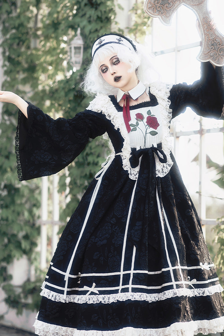 Black Double-Layered Ruffled Embroidered Bow Lace Gothic Nun Dress - Rose Choir