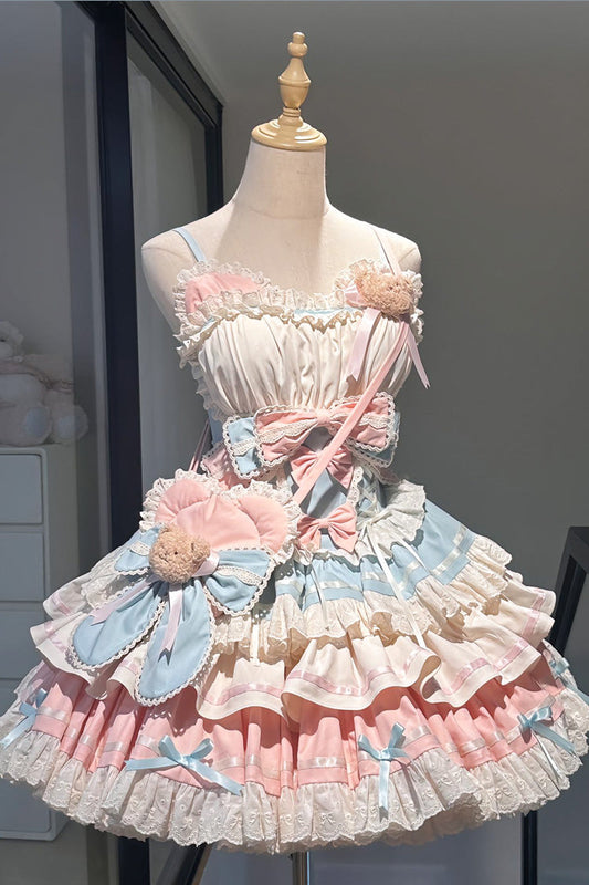 Blue and Pink Sweet Lolita JSK Dress with Multi-Layered Ruffle and Bowknot