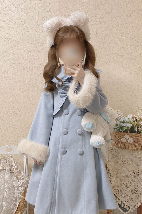 Azure Woolen Coat with Bow - Double Breasted Lolita