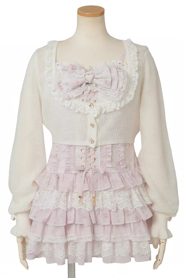 Multi Layered Ruffled Bow Print Long Sleeve Jirai Dress in Three Shades