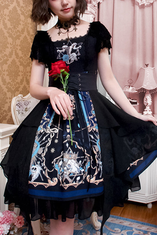 God Redemption Print Short Sleeve Gothic Lolita Dress with Lace