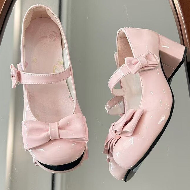 Velcro Strap Bow Mary Jane Shoes for Lolita - Two Heel Heights