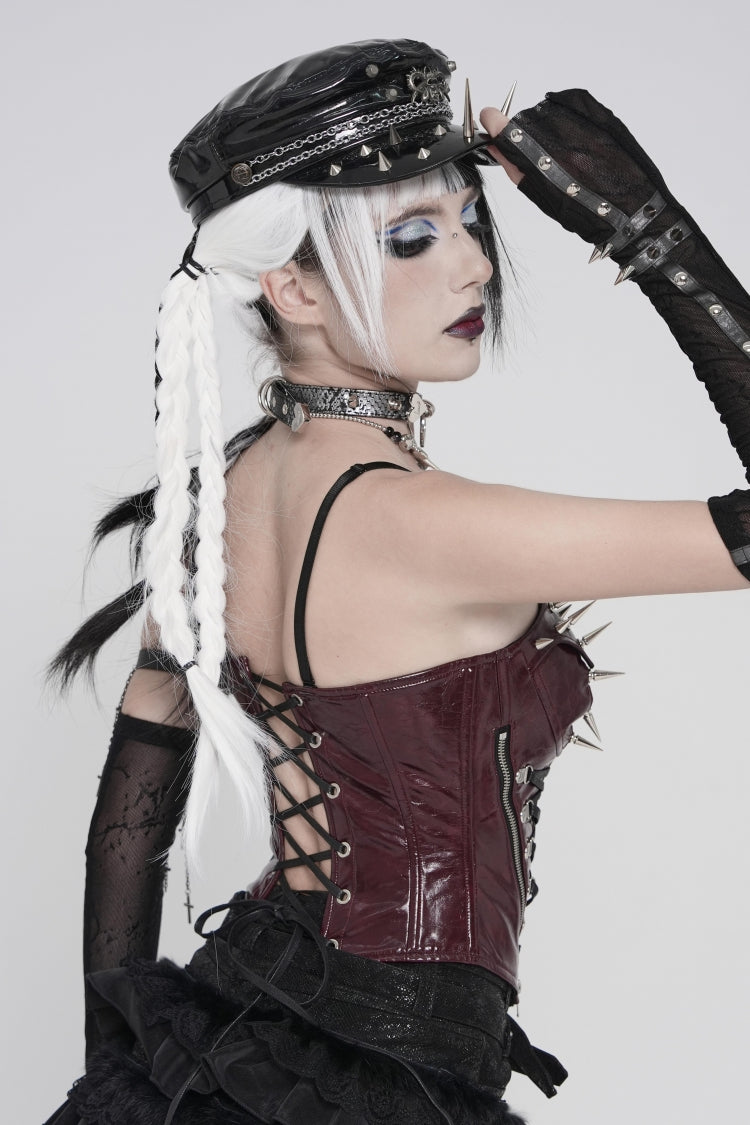 Crimson Studded Punk Corset with Lacing and Zip