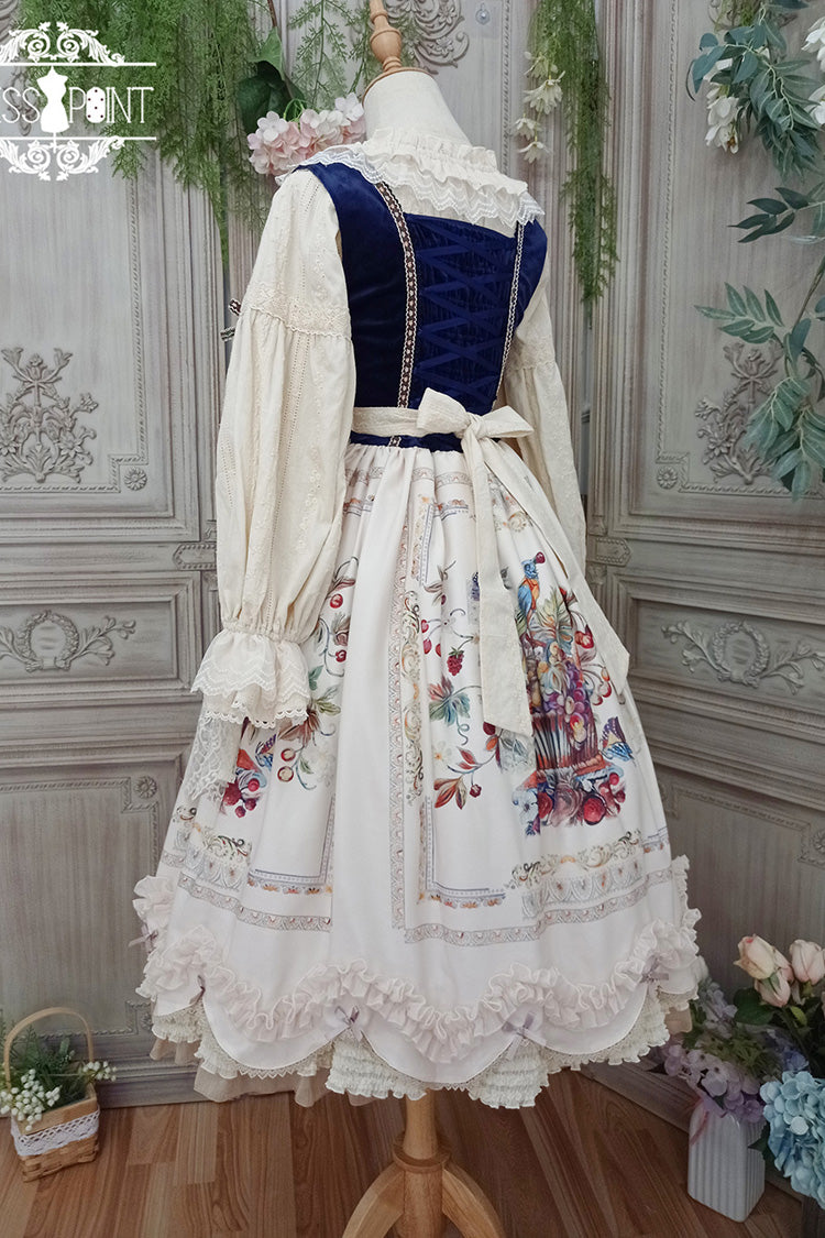 Cream Ode to Plenty Berry Bird Print Velvet Bow Frilled Classic Lolita Corset JSK Dress