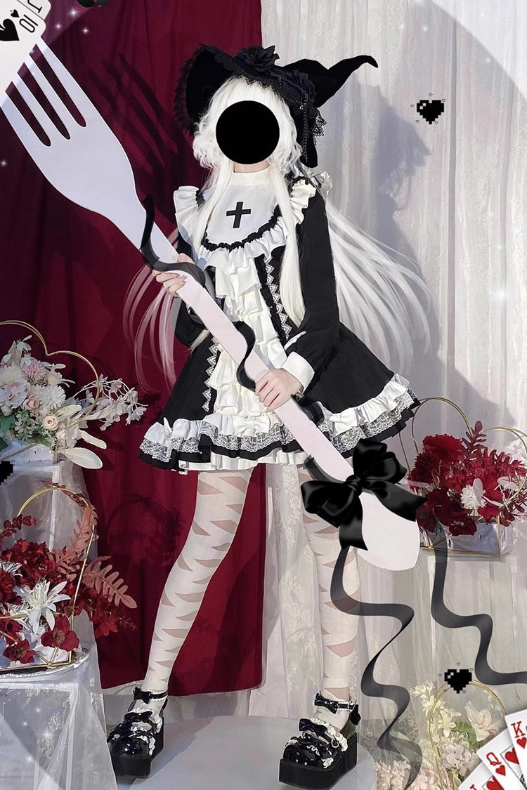 White/Black Long Sleeves Cross Print Nun Style Ruffle Multi-Layer Gothic Lolita Dress