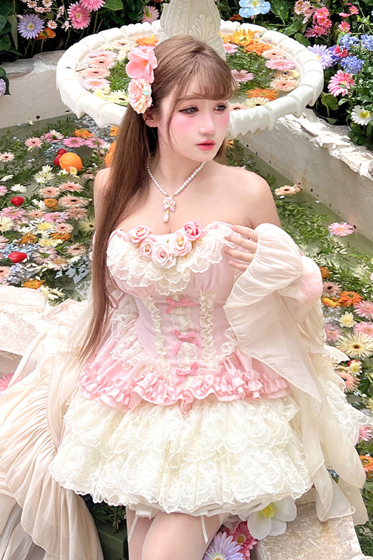 Pink Multi-Layered Ruffled Embroidered Bow Lace Sweet Lolita JSK Dress