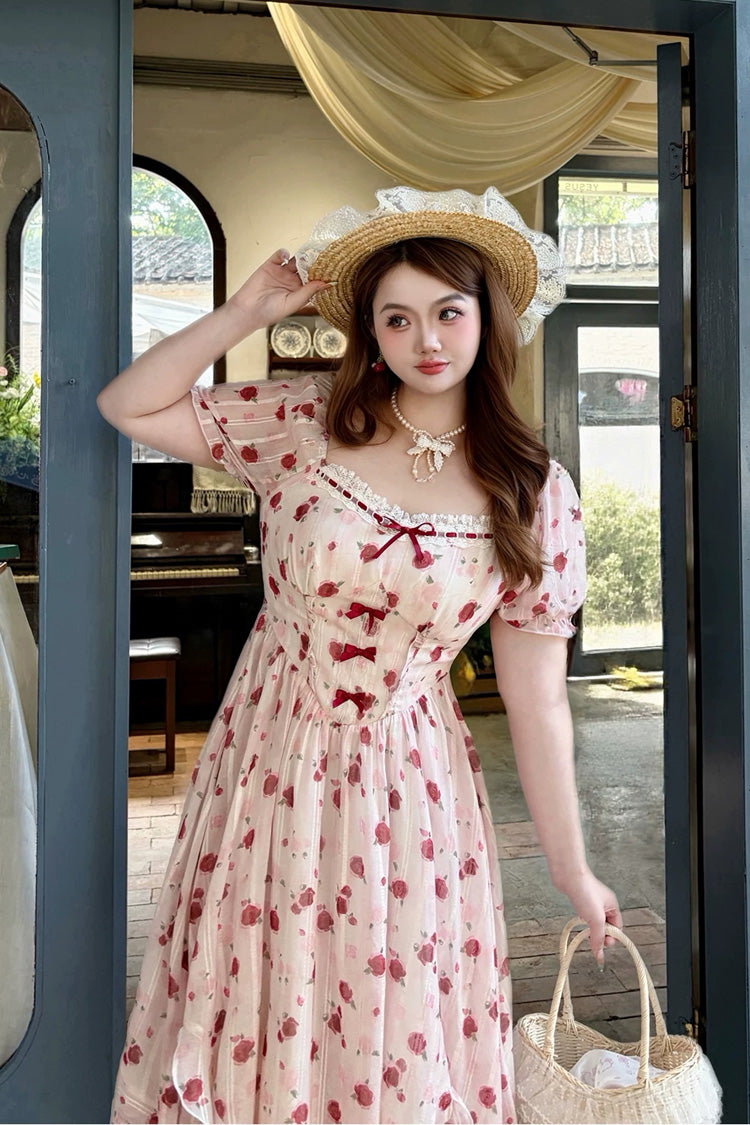 Rose-Printed Square-Collar Ruffled High-Waist Sweet Jumper Dress in Blush Pink