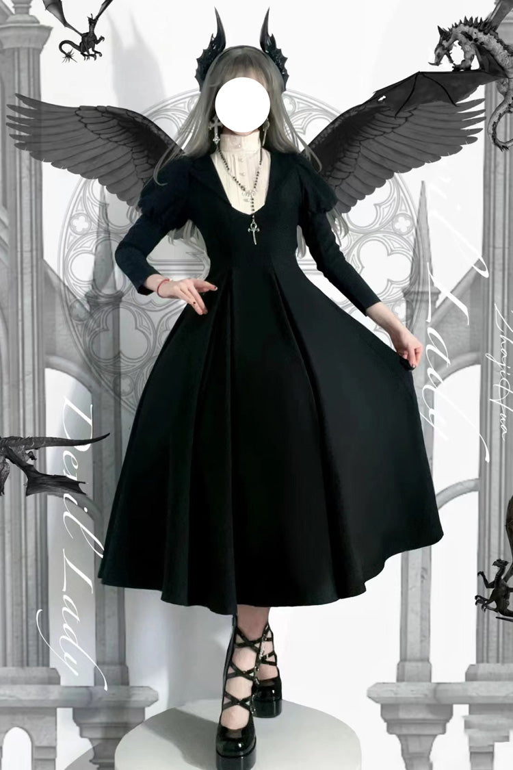 Plus-Size Gothic Lolita Dress with Puff Sleeves and High Waist