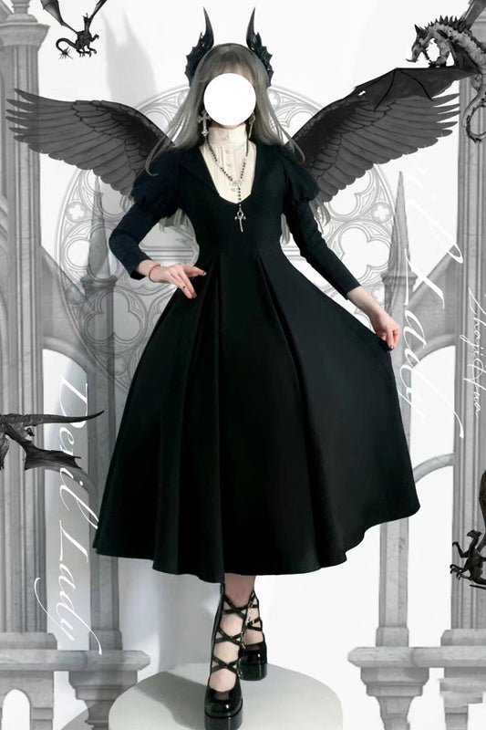 Plus-Size Gothic Lolita Dress with Puff Sleeves and High Waist