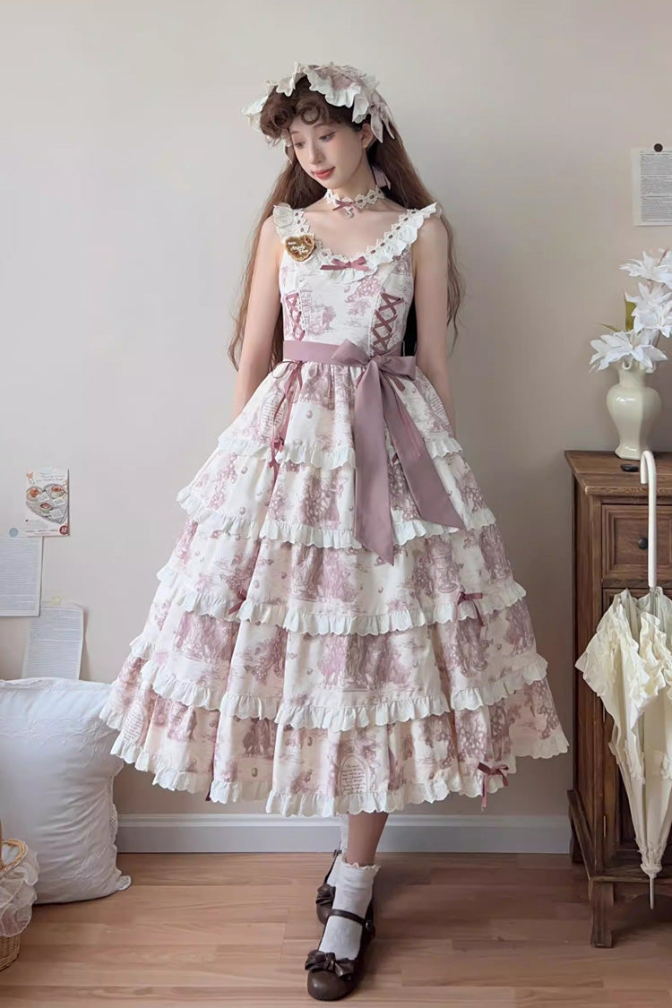 Grape Moon Almanac Sleeveless Multi-Layer Printed Ruffled Bow Adjustable Sweet Lolita JSK Dress