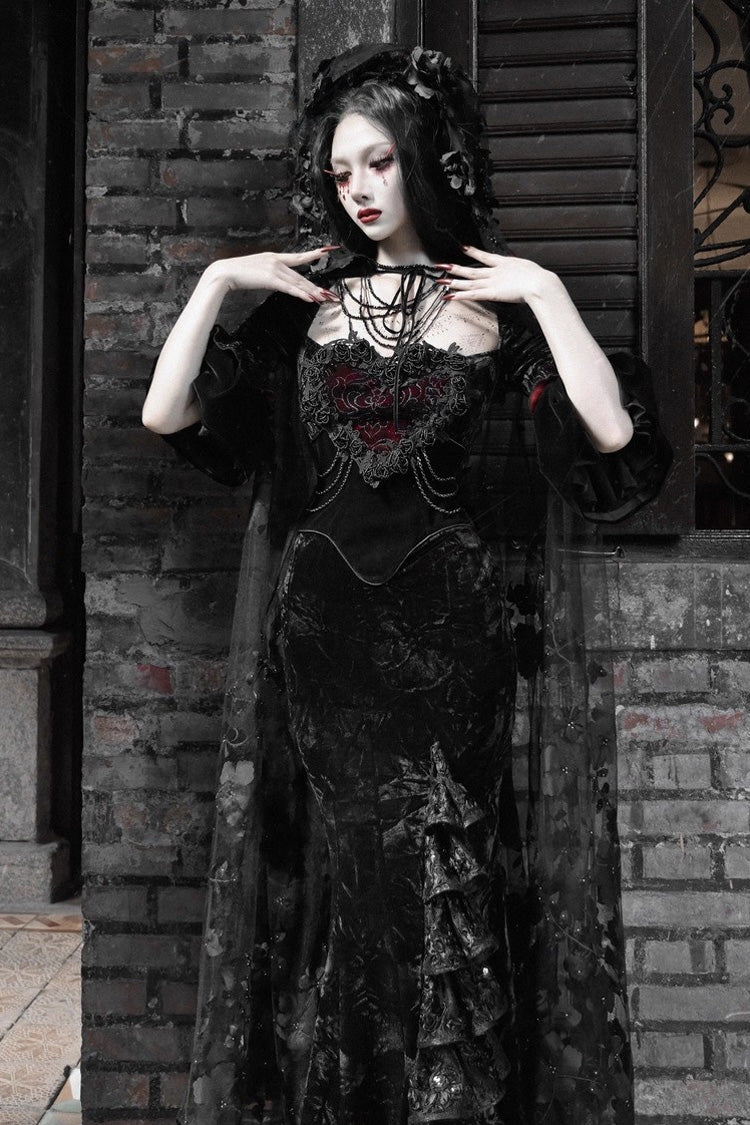 Square-Collar Embroidered Mermaid Gothic Dress in Black