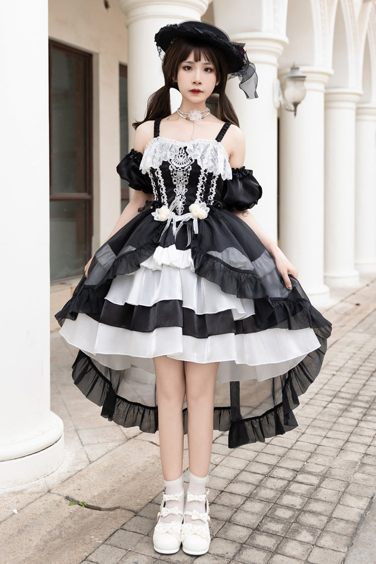 Starry Night Sea Rose Off-Shoulder Multi-Layered Ruffle Embroidered Lolita
