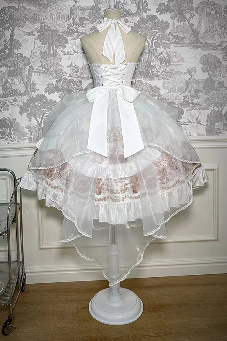 Ivory Halterneck Gothic Dress with Print and Bowknot - The Mystery of The Doll