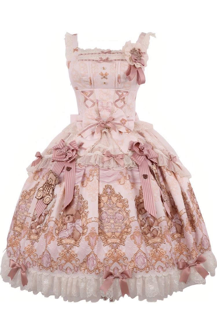Antique Teddy Bear Sleeveless Printed Bow Lace Sweet Elegant Lolita Jsk Dress - Pink