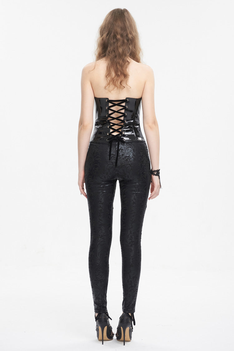 Splice Patent Leather Punk Overbust Corset for Women Lace