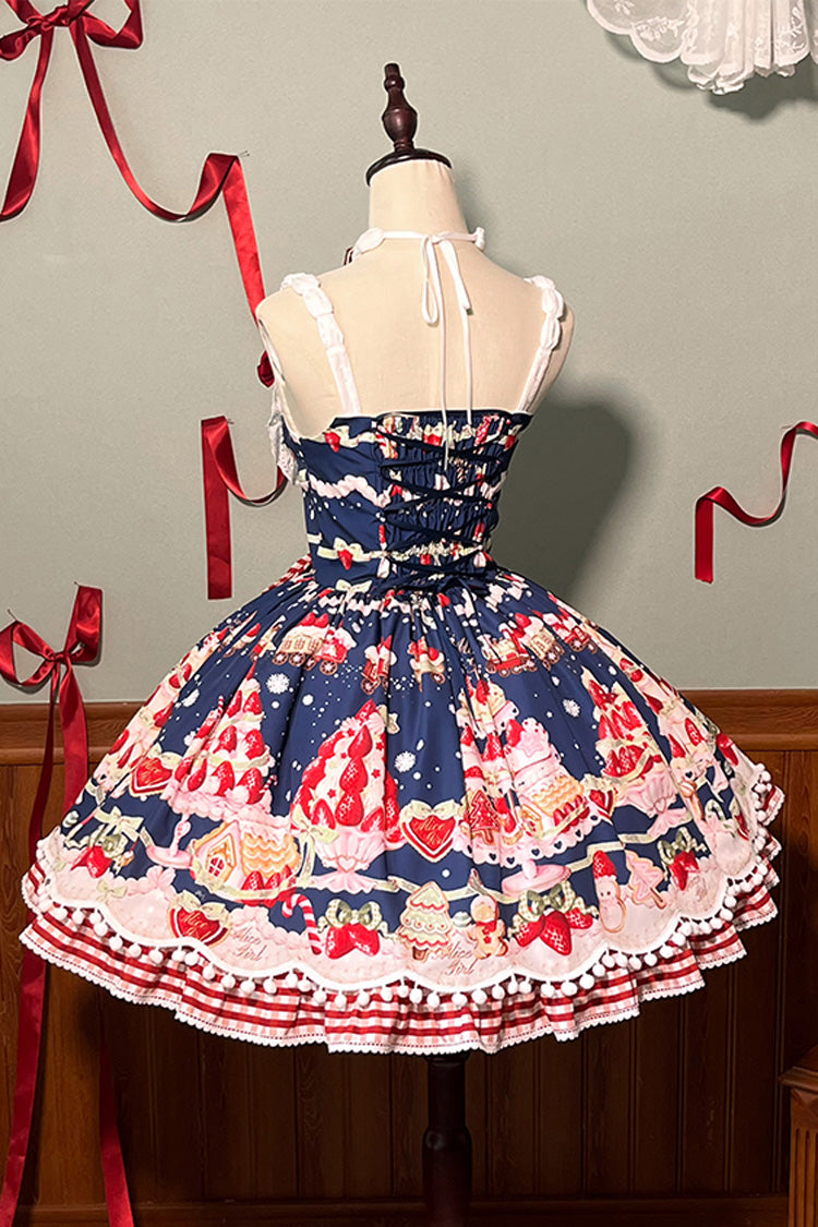 Mint Strawberry Dessert Printed Natural Waist Sweet Lolita JSK Dress - Ruffled
