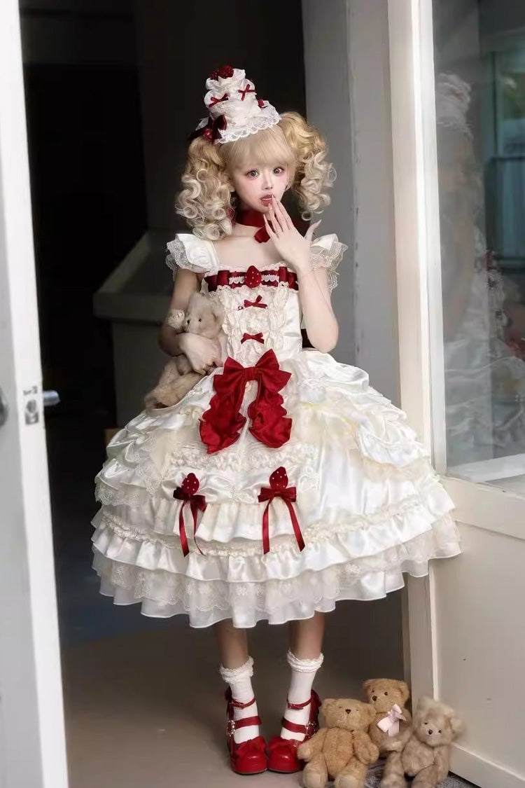 Sweet Apricot Square Collar Sleeveless Layered Ruffle Embroidered Bow Lolita JSK