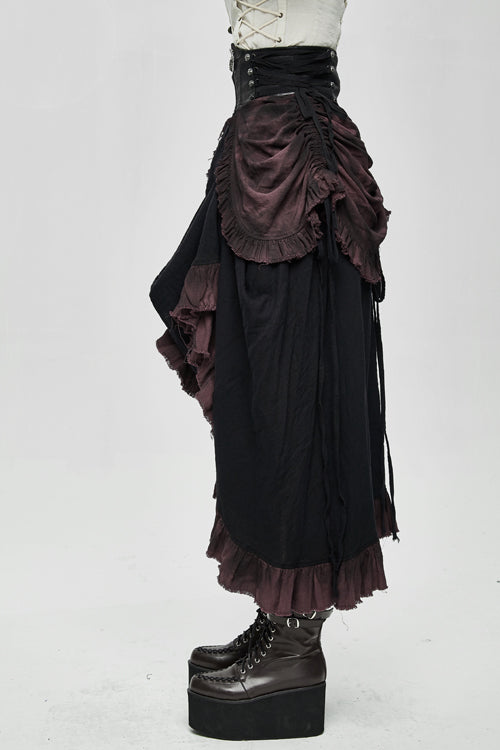 Printed Drawstring Burgundy Steampunk Half Skirt