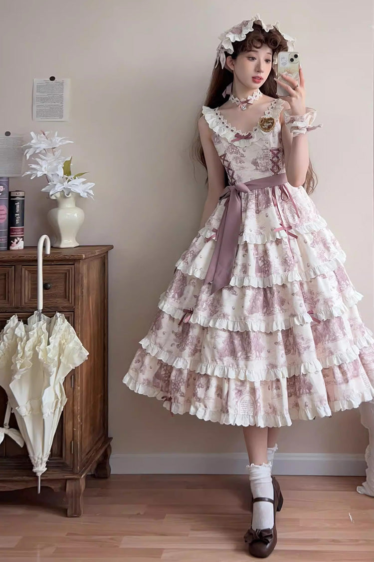 Grape Moon Almanac Sleeveless Multi-Layer Printed Ruffled Bow Adjustable Sweet Lolita JSK Dress