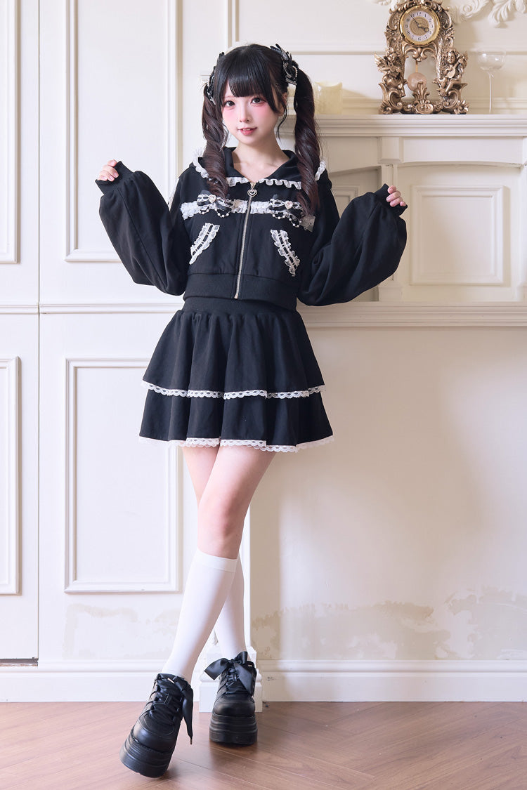Hooded Bow Lace Hoodie & Skirt - Jirai Kei Set