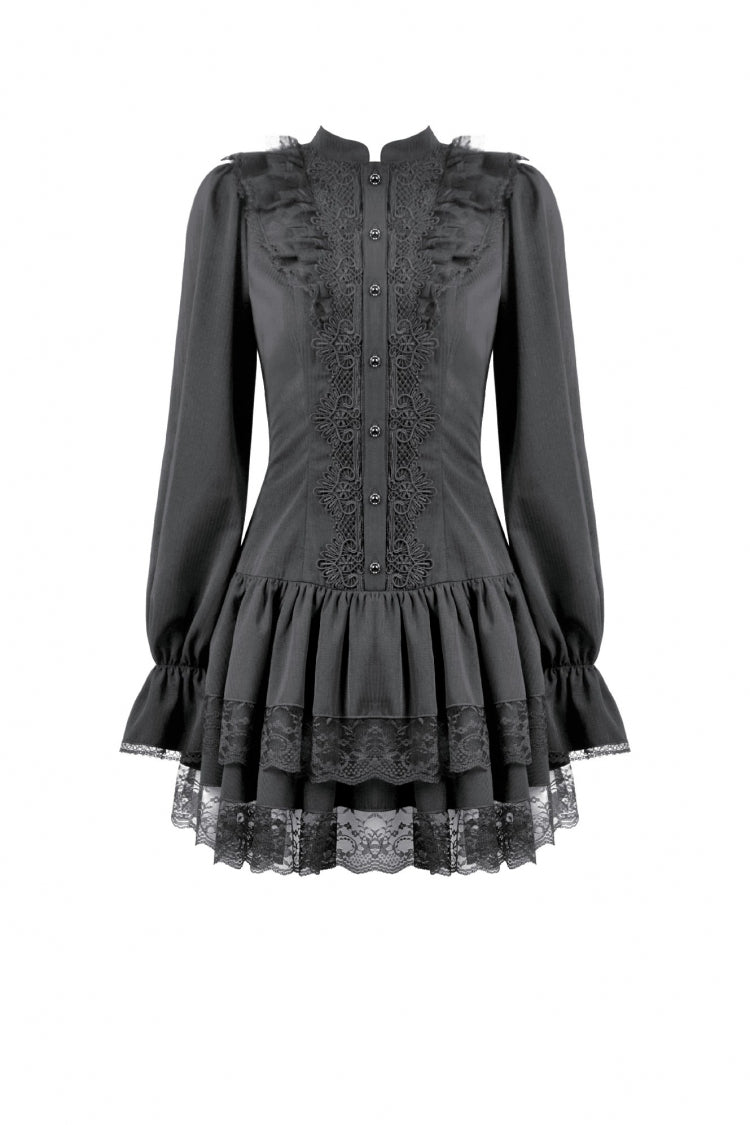 Jet-Black Lace-Up Dress with Bishop Sleeves and Layered Hem