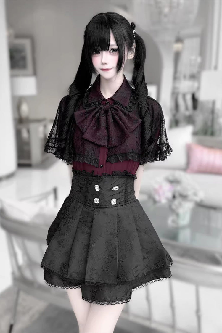 Dark Moon Shadow Double Layered Ruffled Embroidered Lace Up Gothic Lolita Set