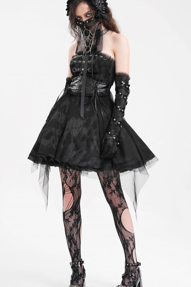 Gothic A-Line Short Gown with Backless Halterneck Cut