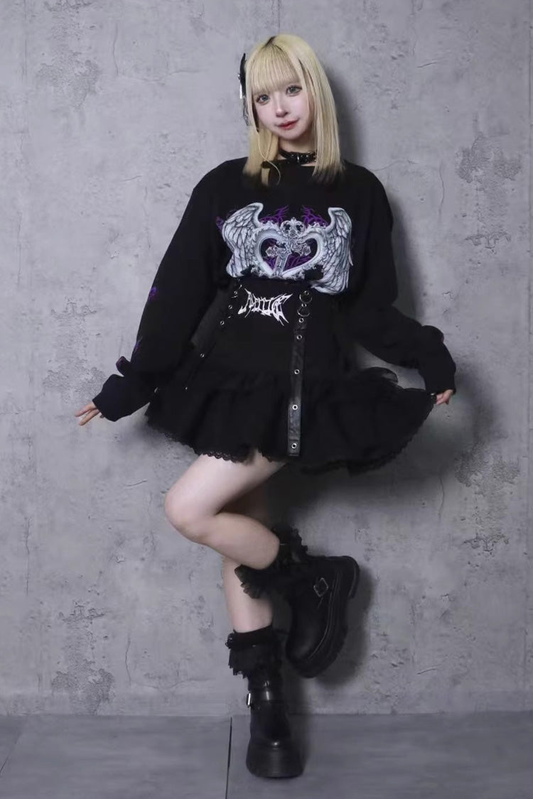 Black High Waisted Ruffle Embroidery Gothic Jirai Kei Japanese Mini