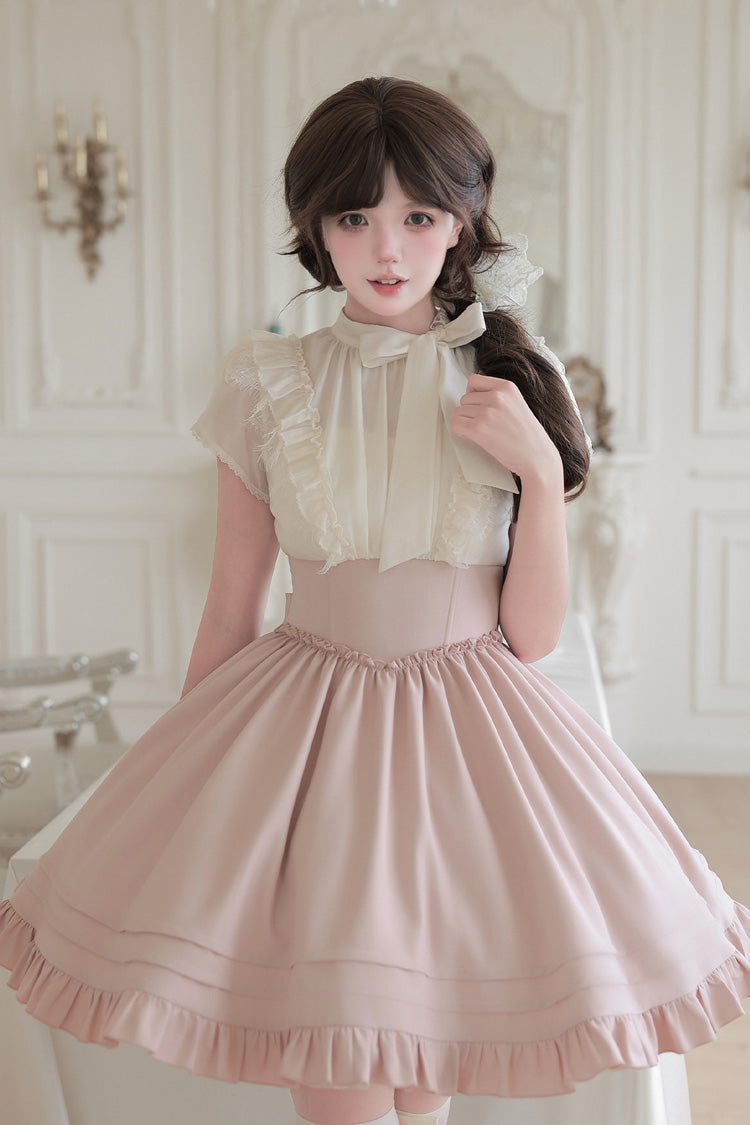 Blush & White Round Collar Short-Sleeve Ruffled Bow Lace Color-Blocked Boned Sweet Lolita Dress