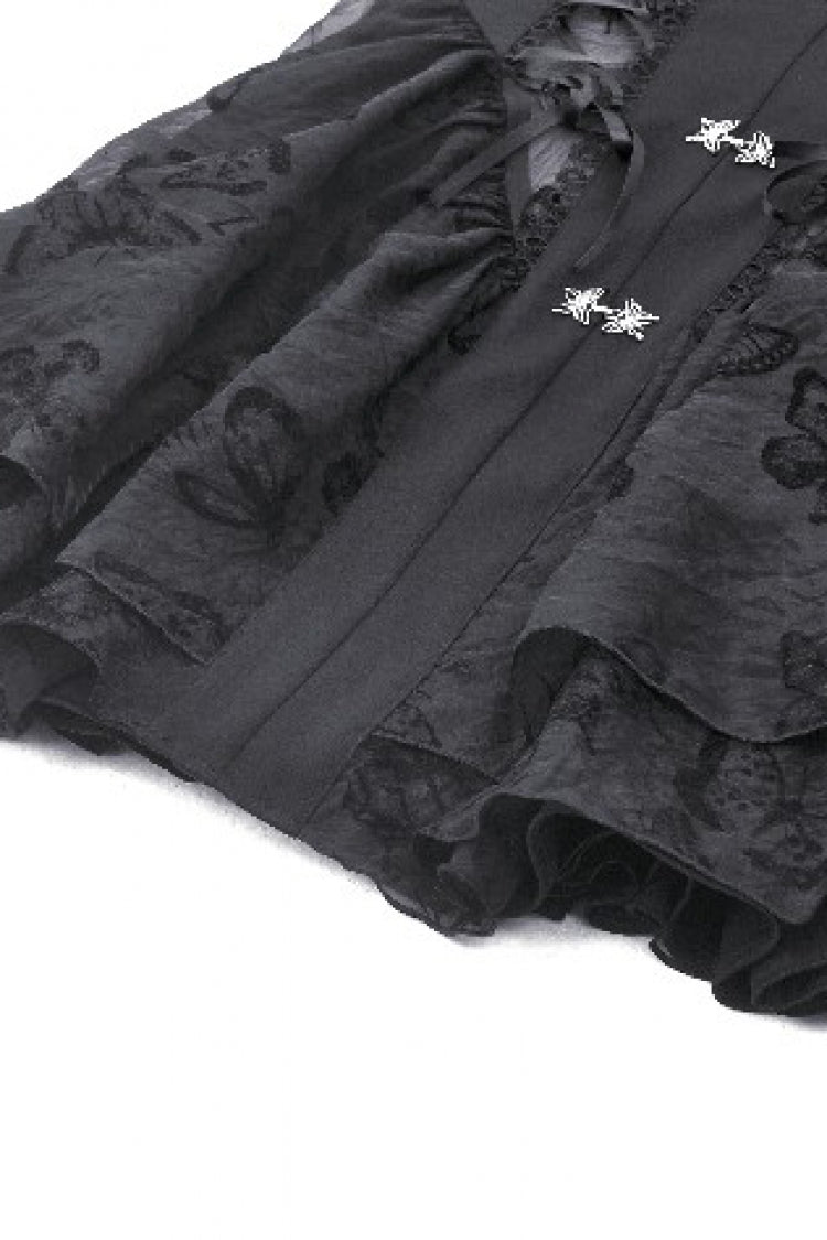 Majestic Black Multi-Layered Lace Trumpet Puff Sleeve Halter Gothic Lolita Graduation Gown