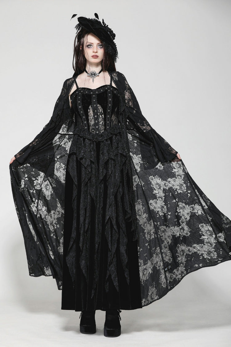Jet-Black Elegant Robe with Lace Trim and Lacing for Women