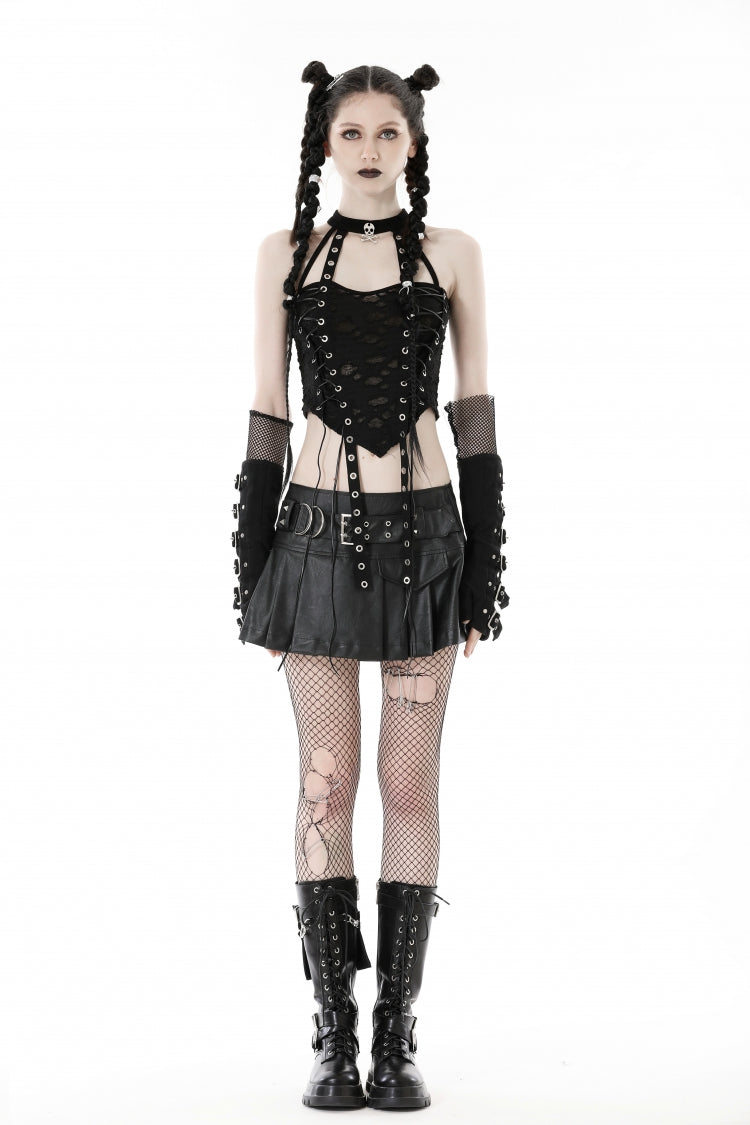 Gritty Black Eyelet Lace-Up Ripped Halter Punk Tank Top