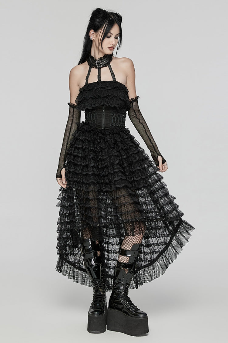 Soft Black Ruffle Lace Long Sleeve Halter Punk Dress