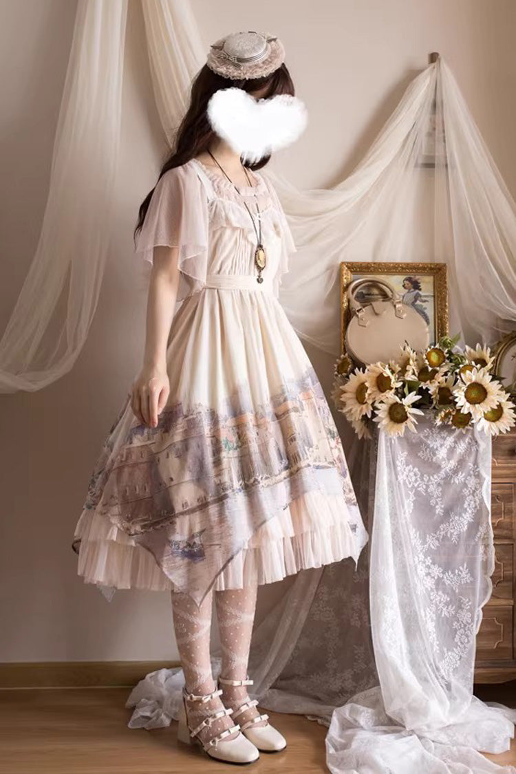 Irregular Apricot Layered Print Sweet Lolita JSK Dress