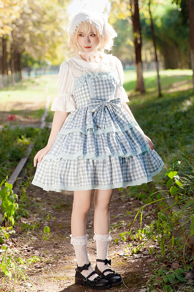 Blue Triple-Layered Plaid Ruffle Bow Sweet Lolita Dress