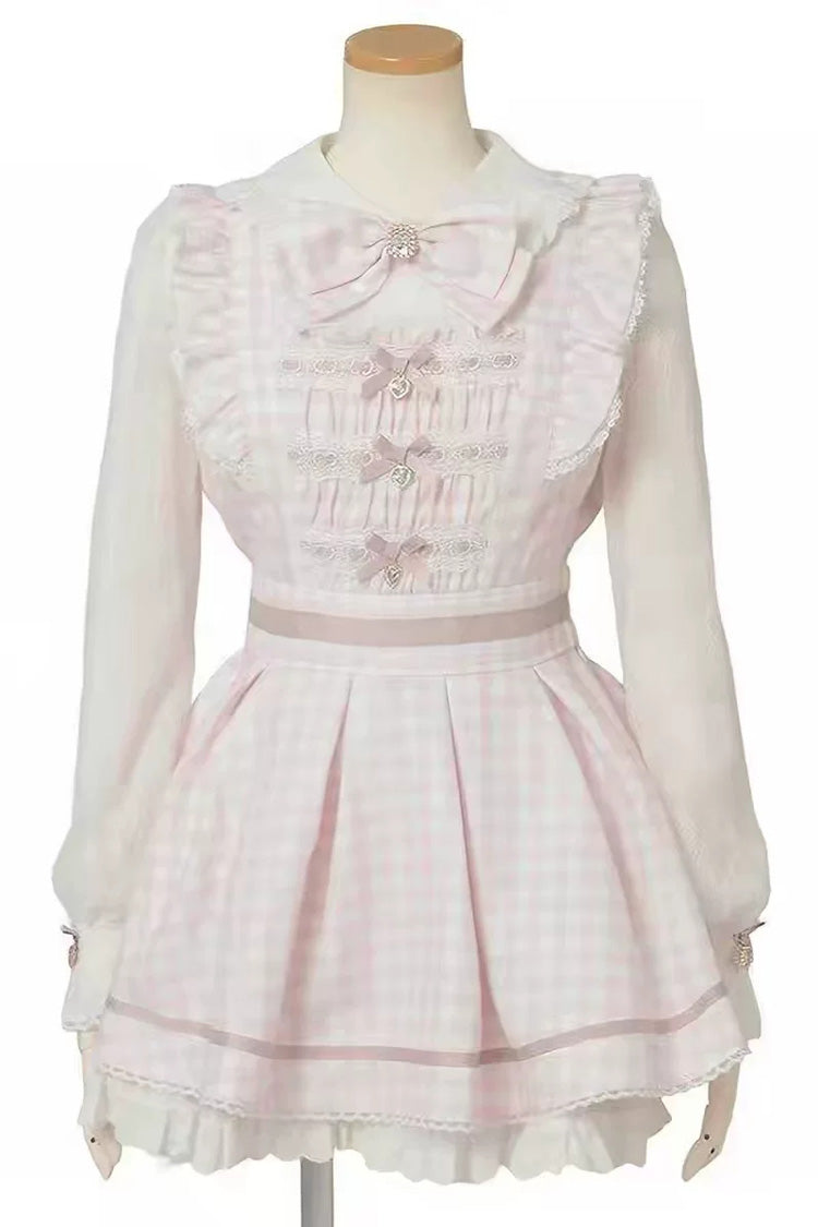 Lapel Collar Plaid Print Bow Plus Size Jirai Dress and Shorts Set in Three Colors