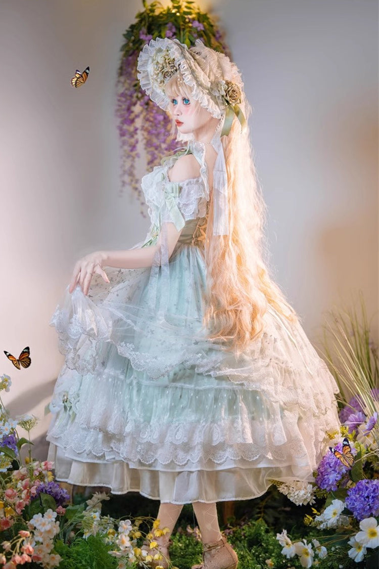 Glazed Phantom Off Shoulder Ruffle Hanayome Bow Lace Elegant Lolita Dress in Green
