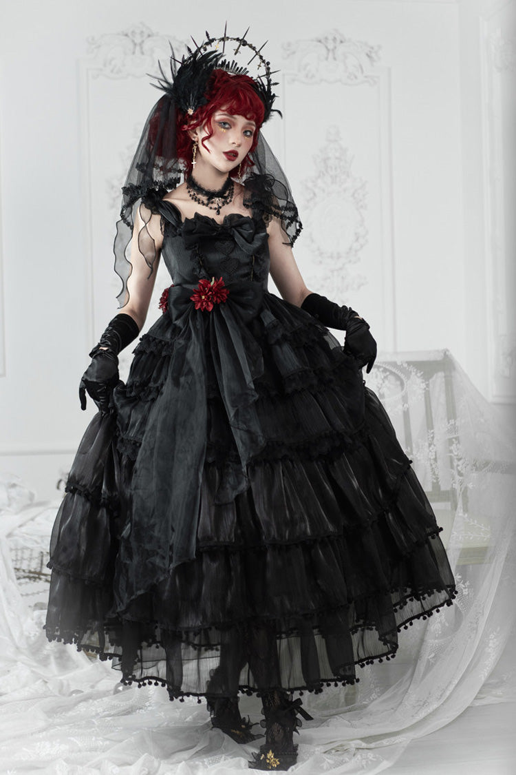 Hanayome Gothic Lolita JSK Dress with Pearl and Bow, Black